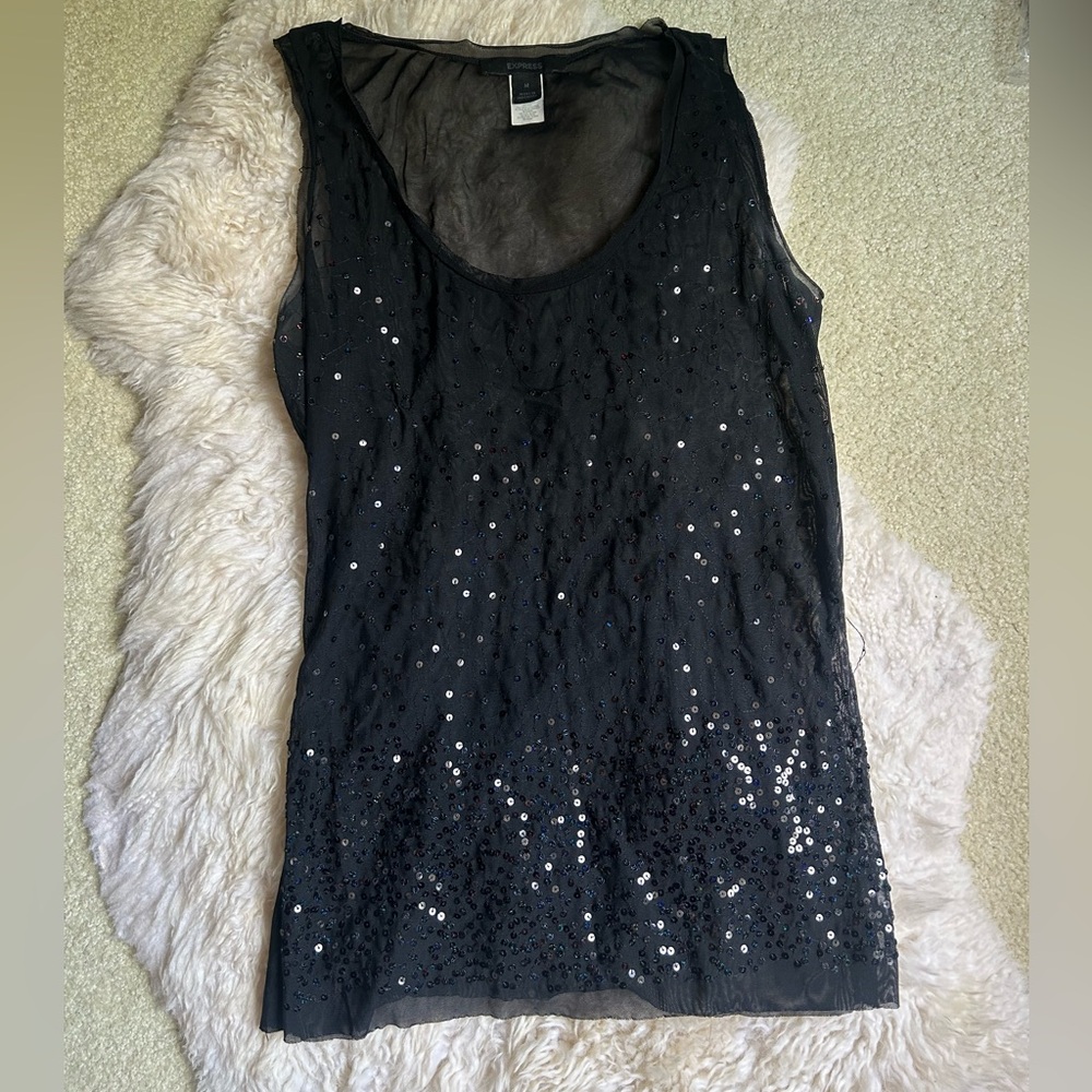 Express Black Mesh Sequin Overlay Tank